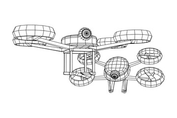 Drone flying with action video camera. Wireframe low poly mesh vector illustration