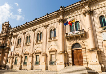 Fototapeta na wymiar Architectural Historic Buildings in Scicli, Province of Ragusa, Sicily, Italy – (Municipio).