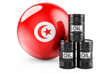 Oil barrels with Tunisian flag. Oil production or trade in Tunisia concept, 3D rendering