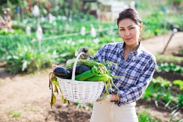 Portrait of happy asian woman showing rich crop of vegetables in kitchen garden on sunny fall day