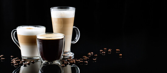 horizontal banner with different types of coffee in glasses on a black mirror background,...