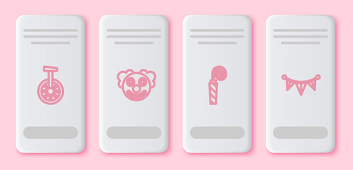 Set line Unicycle or one wheel bicycle, Clown head, Birthday party horn and Carnival garland with flags. White rectangle button. Vector © Oksana