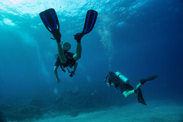 Close up photo of two divers swimming close to each other at foreground and three more far away in...