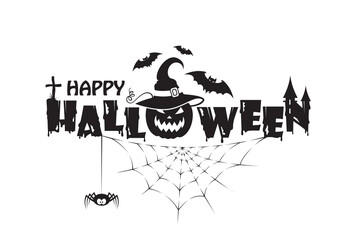 emblem of happy halloween with pumpkin, bats and spider isolated on white background