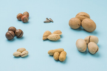 Collection of unpeeled nuts on a light blue background.