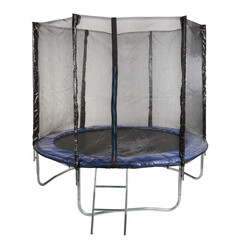 large trampoline for fitness and for children, with a safety net and with a ladder, on a white...