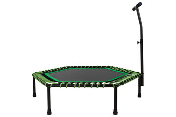 fitness trampoline with a handle and with green rubber bands, for an active lifestyle, on a white background, side view