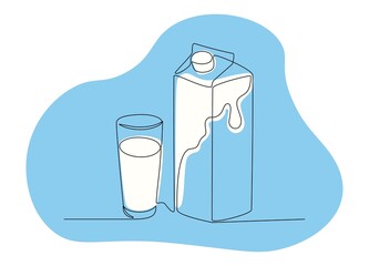 One line drawing of glass of milk and milk package. Mono line milk in carton box, organic food concept. Vector graphic illustration
