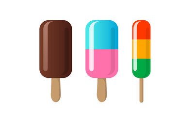 Ice cream set. Glazed ice cream on a stick, fruit ice cream and frozen juice. Flat vector illustration.