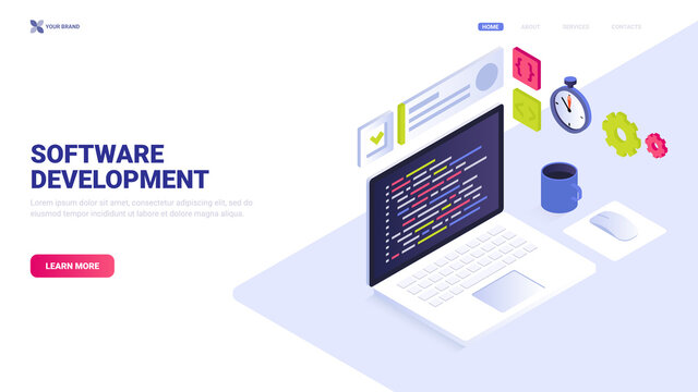 Software development vector concept. Isometric illustration for website, landing page, banner. Hero image design. Coding, programming, application development.