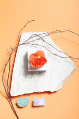 wabi sabi,organic design concept. Scandinavian and Japanese style flowers.Orange rose on marble, dry tree branch,crystal minerals on orange background