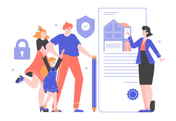The family buys real estate. Buying a new home. The girl lawyer explains the clauses of the purchase and sale agreement. The father prepares to sign the document. Vector flat illustration.
