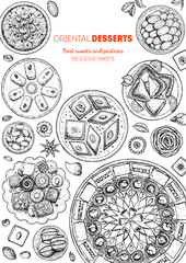 Oriental sweets vector illustration. Middle eastern food, hand drawn sketch. Linear graphic. Food menu background. Engraved style design template.