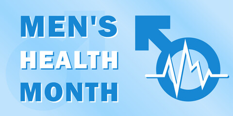 Banner for the national month of men's health with a symbol of masculinity and text, traditionally held annually in June, the concept of a healthy lifestyle