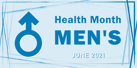 Banner for the national month of men's health with a symbol of masculinity and text, traditionally held annually in June, the concept of a healthy lifestyle