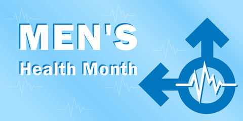 Banner for the national month of men's health with a symbol of masculinity and text, traditionally held annually in June, the concept of a healthy lifestyle