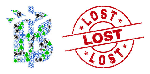 Winter Covid combination bitcoin damage, and Lost red round stamp imitation. Collage bitcoin damage is organized of infection, green tree, and snow flake symbols.