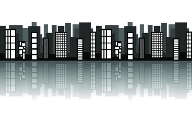 Architecture pattern. Black and white cityscape silhouette with clouds. Day city skyline. VECTOR ILLUSTRATION.