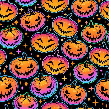 seamless pattern of bright multicolored haloween pumpkins