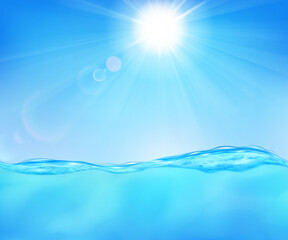 Naklejka na ściany i meble Background with sea wave, blue sky, sun, rays and lens flare