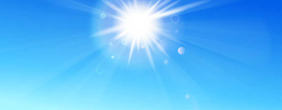 Background with blue sky, sun, rays and lens flare