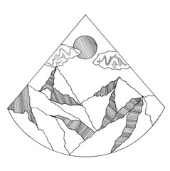 Mountain landscape with sun and clouds in a triangular frame. Handmade on paper. Black lines isolated on white background.