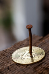 Fototapeta na wymiar Bitcoin nailed to wood by rusty nail