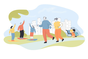 Elderly people doing sports in park. Flat vector illustration. Grandfathers and grandmothers jogging and doing fitness outdoors. Healthy lifestyle, sport, oldness concept for banner design