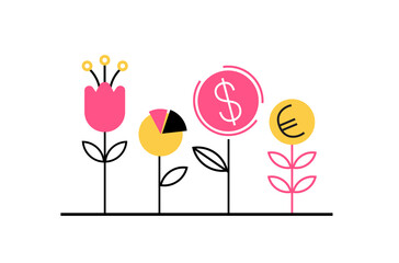 Planting the seed of the dollar, euro and financial well-being. Financial growth concept. Vector illustration in flat style