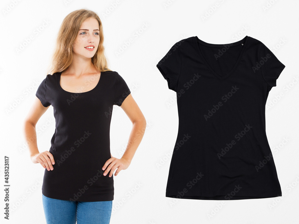 Wall mural Asian girl in black t shirt mockup isolated on white background, black T shirt closeup