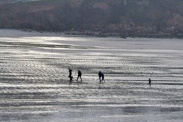 Fototapeta na wymiar People walking on a beach in Brittany