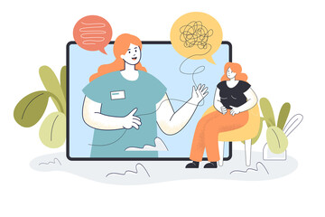 Cartoon woman getting psychological aid online. Flat vector illustration. Female character talking with psychotherapist about her troubles or traumas. Psychology, medicine, online, technology concept