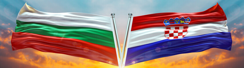Bulgaria Flag and Croatia flag waving with texture sky Cloud and sunset Double flag  