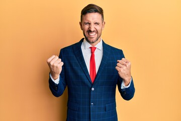 Handsome man with beard wearing business suit and tie very happy and excited doing winner gesture with arms raised, smiling and screaming for success. celebration concept.