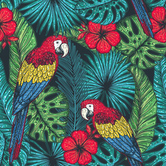 Fototapety  Tropikalny wzór. Szablon projektu tropikalny. Ilustracja wektorowa liści papugi i palm. Letni projekt. Piękny design na tekstylia. Wzór dżungli. Wydrukuj na szablonie z tkaniny.
