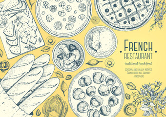 French cuisine top view frame. A set of classic French dishes with pissaladier, bakery, escargot, onion soup, quiche lorraine. Food menu design template. Hand drawn sketch vector illustration.