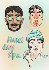 mens day spa. Young mans with face mask and cucumber slices on eyes Man relaxing in beauty salon. Man having beauty treatments.