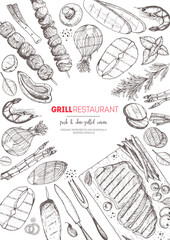 Grilled meat and vegetables top view frame. Vector illustration. Engraved design. Hand drawn illustration. Grill restaurant menu design template.
