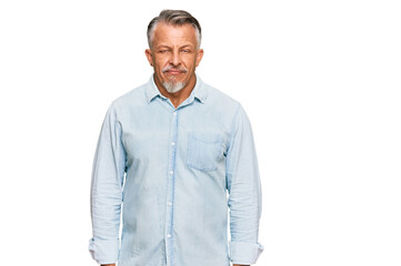 Middle age grey-haired man wearing casual clothes relaxed with serious expression on face. simple and natural looking at the camera.