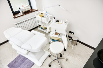 High angle view of a contemporary cosmetology room with professional equipment in dermatology and cosmetology SPA clinic