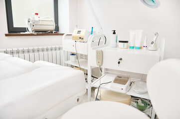 Cropped view of cosmetology interior in contemporary dermatological and cosmetological spa center.
