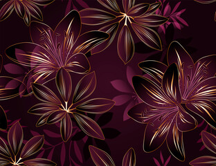 Golden seamless floral background with flower lily. Design of wallpaper, gift paper packaging.