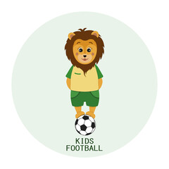 A lion on a soccer ball. Footballer. Animal character. Logo for children's soccer school, certificates, poster