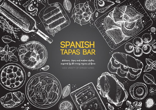 Spanish tapas, top view frame. A set of spanish dishes with bocadillo, jamon, patatas bravas, tapas. Food menu design template. Vintage hand drawn sketch vector illustration. Engraved image.