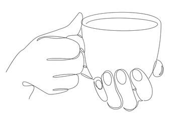 Silhouette of man's hands with a cup of coffee, tea in a modern one line style. Solid line, aesthetic outline for decor, posters, stickers, logo. Vector illustration.