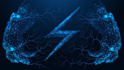 Wave lightning coming from the fingers of the hand. The sign of electricity. Polygonal construction of lines and points. Blue background.