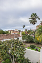 XIX century La Orotava public Victoria Gardens (Jardines Victoria): numerous water fountains, terraced gardens with colorful flowers and marble mausoleum. La Orotava, Tenerife, Canary Islands, Spain.