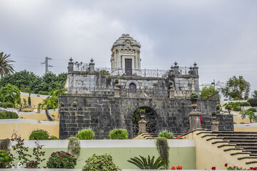 Fototapeta premium XIX century La Orotava public Victoria Gardens (Jardines Victoria): numerous water fountains, terraced gardens with colorful flowers and marble mausoleum. La Orotava, Tenerife, Canary Islands, Spain.
