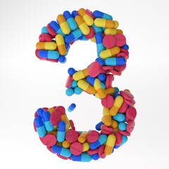 Numeral three made of various colorful pills and tablets. 3d illustration medical's font. isolated on white background