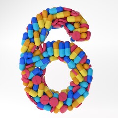 Numeral six made of various colorful pills and tablets. 3d illustration medical's font. isolated on white background